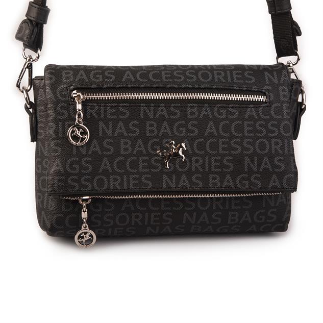 Nas Bag Kadın Çapraz Çok Cepli Spor Çanta Siyah Yazılı  (25x18x7 cm )