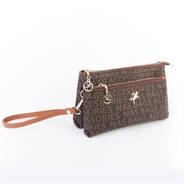 Nas Bag Kadın Çapraz ve Clutch Çanta Bilek ve Çapraz Askılı  Kahve Taba Yazılı (24x15 cm) 