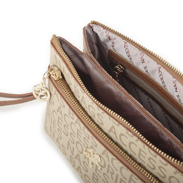 Nas Bag Kadın Çapraz ve Clutch Çanta Bilek ve Çapraz Askılı  Vizon Taba Yazılı   (24x15 cm) 