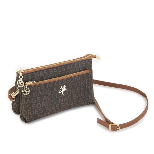 Nas Bag Kadın Çapraz ve Clutch Çanta Bilek ve Çapraz Askılı  Kahve Taba Yazılı (24x15 cm) 