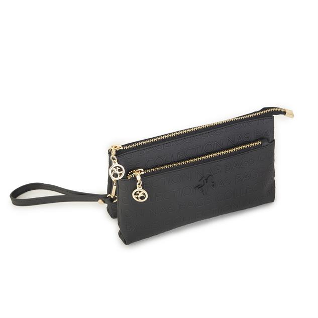 Nas Bag Kadın Çapraz ve Clutch Çanta Bilek ve Çapraz Askılı  Siyah  Gofraj  (24x15 cm) 