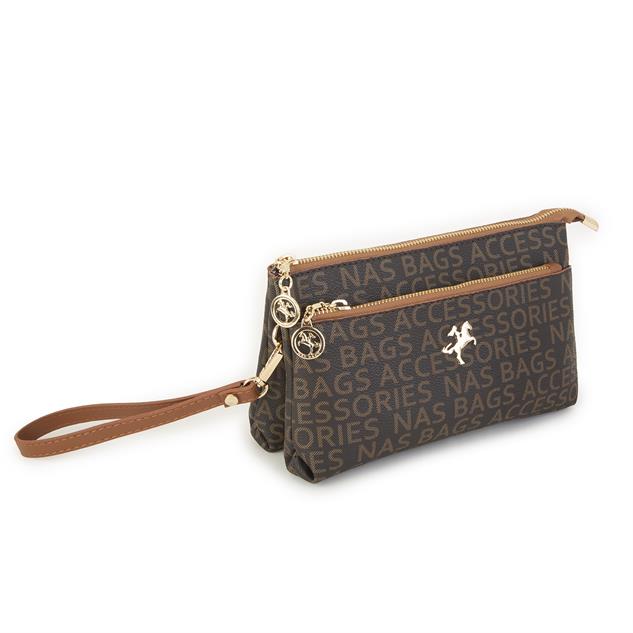 Nas Bag Kadın Çapraz ve Clutch Çanta Bilek ve Çapraz Askılı  Kahve Taba Yazılı (24x15 cm) 