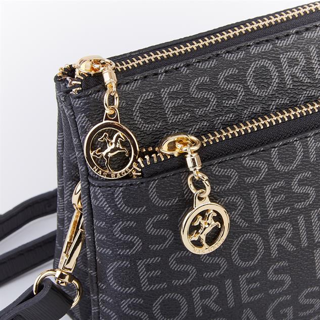 Nas Bag Kadın Çapraz ve Clutch Çanta Bilek ve Çapraz Askılı Siyah  Yazılı (24x15 cm) 