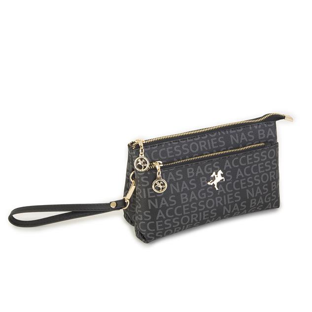 Nas Bag Kadın Çapraz ve Clutch Çanta Bilek ve Çapraz Askılı Siyah  Yazılı (24x15 cm) 