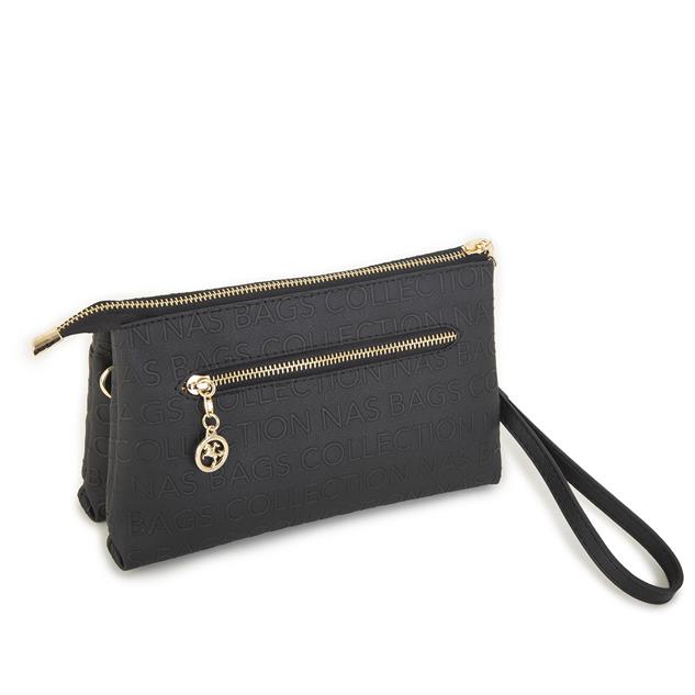 Nas Bag Kadın Çapraz ve Clutch Çanta Bilek ve Çapraz Askılı  Siyah  Gofraj  (24x15 cm) 