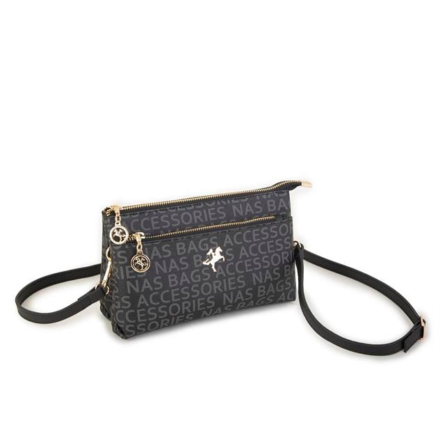 Nas Bag Kadın Çapraz ve Clutch Çanta Bilek ve Çapraz Askılı Siyah  Yazılı (24x15 cm) 