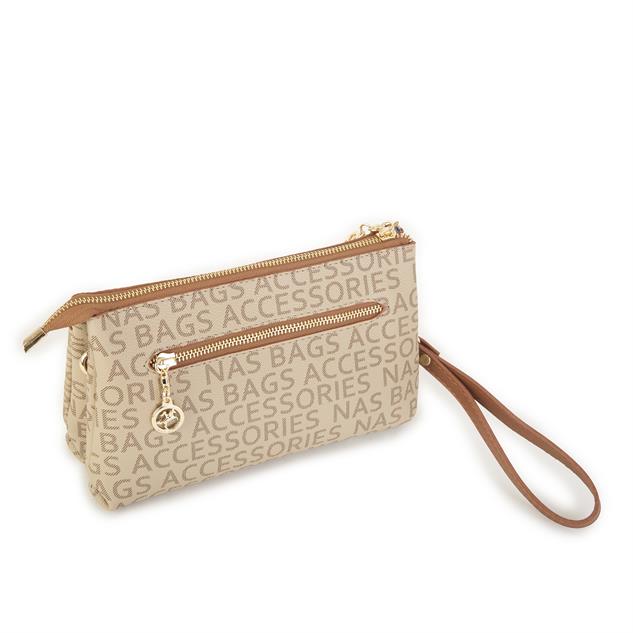 Nas Bag Kadın Çapraz ve Clutch Çanta Bilek ve Çapraz Askılı  Vizon Taba Yazılı   (24x15 cm) 