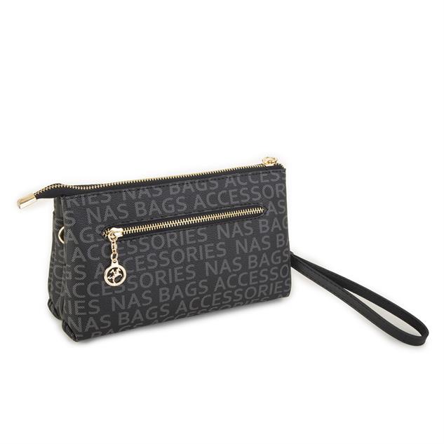 Nas Bag Kadın Çapraz ve Clutch Çanta Bilek ve Çapraz Askılı Siyah  Yazılı (24x15 cm) 