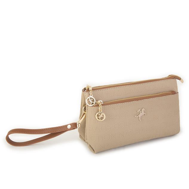 Nas Bag Kadın Çapraz ve Clutch Çanta Bilek ve Çapraz Askılı Kum Taba  Gofraj  (24x15 cm) 