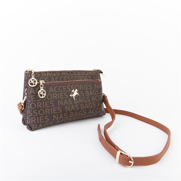 Nas Bag Kadın Çapraz ve Clutch Çanta Bilek ve Çapraz Askılı  Kahve Taba Yazılı (24x15 cm) 