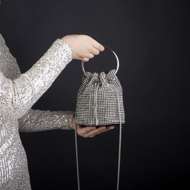 Nas Bag Kadın Çapraz ve El Çantası Black Diamond Siyah Gümüş Taşlı Büzmeli  Çanta