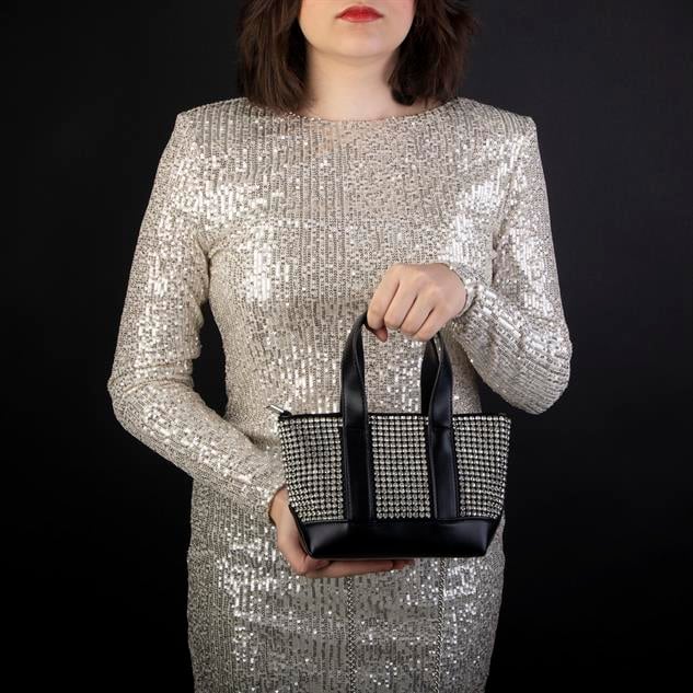 Nas Bag Kadın Çapraz ve El Çantası Black Silver Diamond Siyah Taşlı Çanta