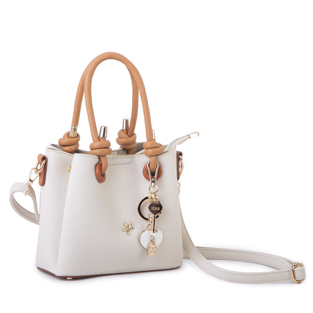 Nas Bag Kadın Charmlı Mini El ve Çapraz Çanta (en :19 cm , boy:15 cm) Krem Taba Lopez