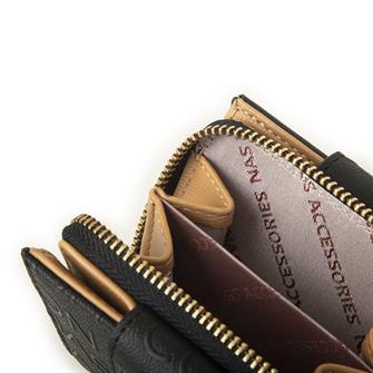 Nas Bag Kadın Çift Kapaklı Mini Cüzdan Siyah Camel Gofraj