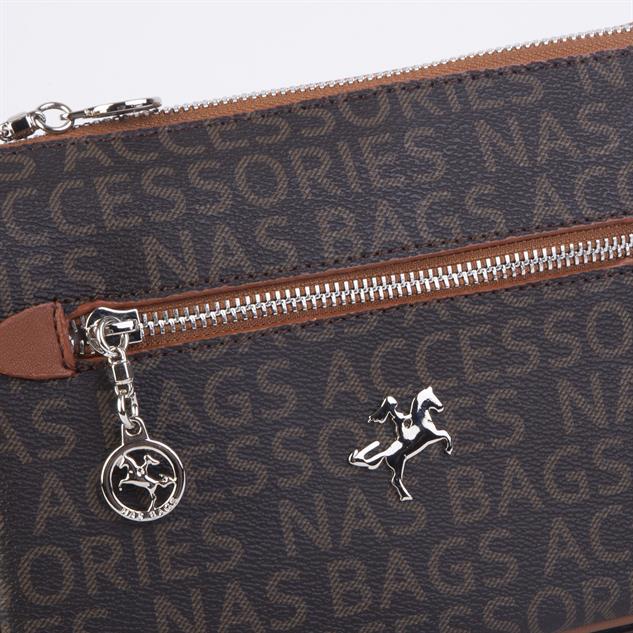 Nas Bag Kadın Çok Gözlü Ayarlanabilir Uzun Spor Askı Çapraz Çanta Kahve Taba Yazılı 
