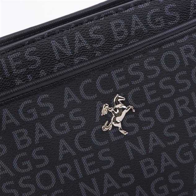 Nas Bag Kadın Çok Gözlü  Ayarlanabilir Askılı Omuz ve Çapraz Çanta Siyah Yazılı