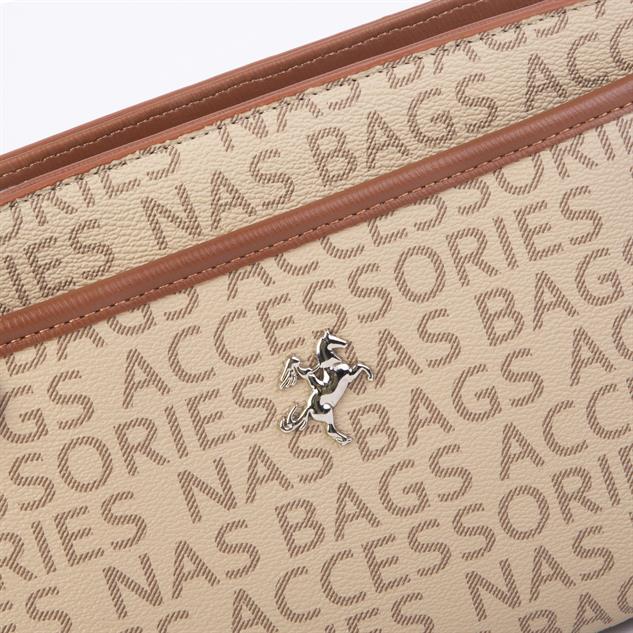 Nas Bag Kadın Çok Gözlü  Ayarlanabilir Askılı Omuz ve Çapraz Çanta Vizon Taba  Yazılı