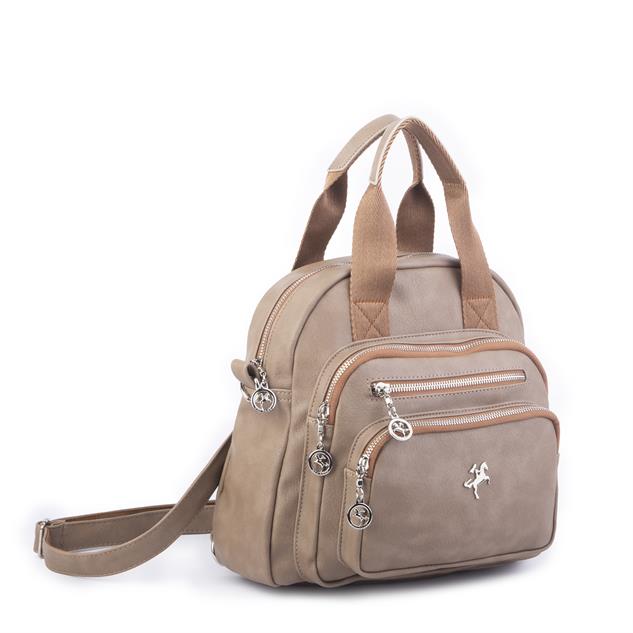 Nas Bag Kadın Çok Gözlü Dönüştürülebilir El Omuz ve Sırt Çantası Vizon Taba King ( en : 28 cm; boy :25c m)
