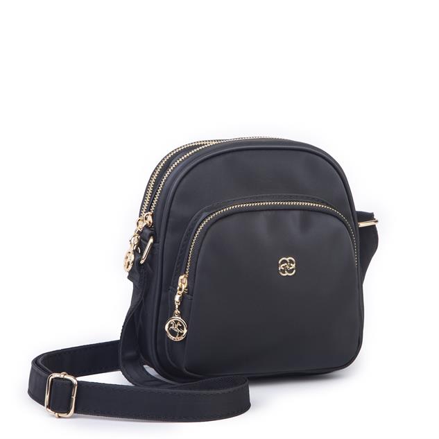 Nas Bag Kadın Çok Gözlü Günlük Çapraz ve Omuz Çanta Siyah Saten  (20x22 cm)