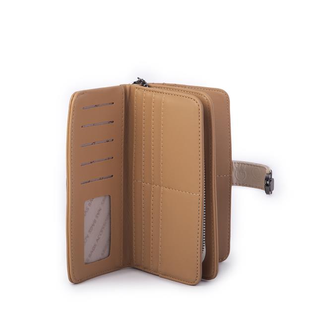 Nas Bag Kadın Çok Kartlıklı Büyük Boy Klipsli Geniş Cüzdan  Krem Camel Gofraj