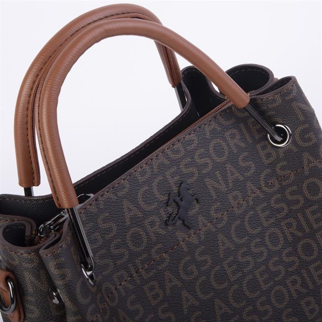 Nas Bag Kadın Dönüştürülebilir El Omuz ve Postacı Çantası Kahve Taba Yazılı 