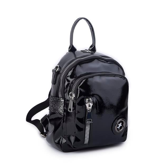 Nas Bag Kadın Dönüştürülebilir Sırt ve Omuz Çantası Şık Geniş Fermuarlı Çanta (24x31x14 cm) Siyah Krsk Rugan