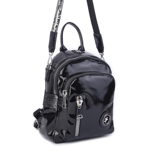 Nas Bag Kadın Dönüştürülebilir Sırt ve Omuz Çantası Şık Geniş Fermuarlı Çanta (24x31x14 cm) Siyah Krsk Rugan