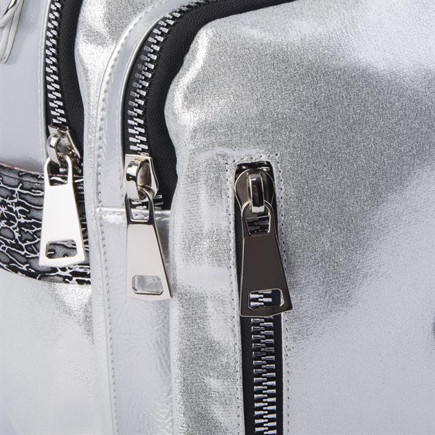 Nas Bag Kadın Dönüştürülebilir Sırt ve Omuz Çantası Şık Geniş Fermuarlı Çanta (24x31x14 cm) Gümüş Simli