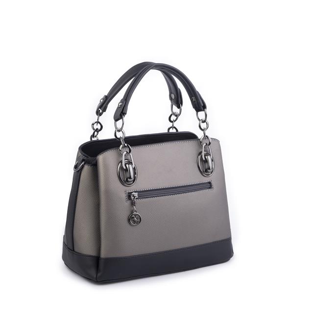 Nas Bag Kadın El ve Omuz Çantası Gri Siyah Lacst  (en:28 cm ; boy:21 cm )