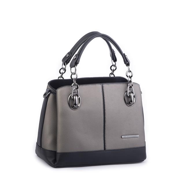Nas Bag Kadın El ve Omuz Çantası Gri Siyah Lacst  (en:28 cm ; boy:21 cm )