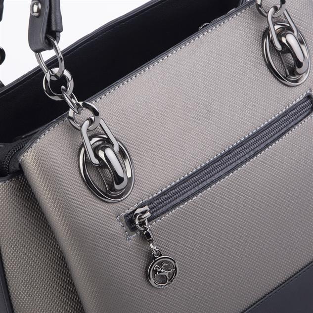 Nas Bag Kadın El ve Omuz Çantası Gri Siyah Lacst  (en:28 cm ; boy:21 cm )