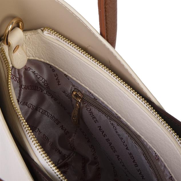 Nas Bag Kadın El ve Omuz Çantası Premium Seri Krem Kahve Taba Victoria