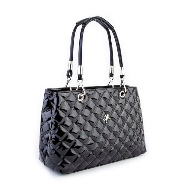 Nas Bag Kapitone Kadın El ve Omuz  Çantası Siyah Rugan ( en :36 cm x boy :23 cm )