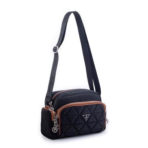 Nas Bag Kadın Kapitone Çok Cepli Çapraz Çanta Siyah Taba Buzzy 