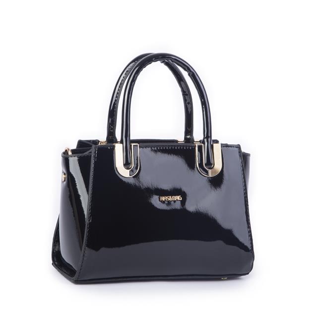 Nas Bag Kadın Midiboy Şık Üç Bölmeli  El ve Çapraz Çanta  Siyah Rugan   (23x17 cm)