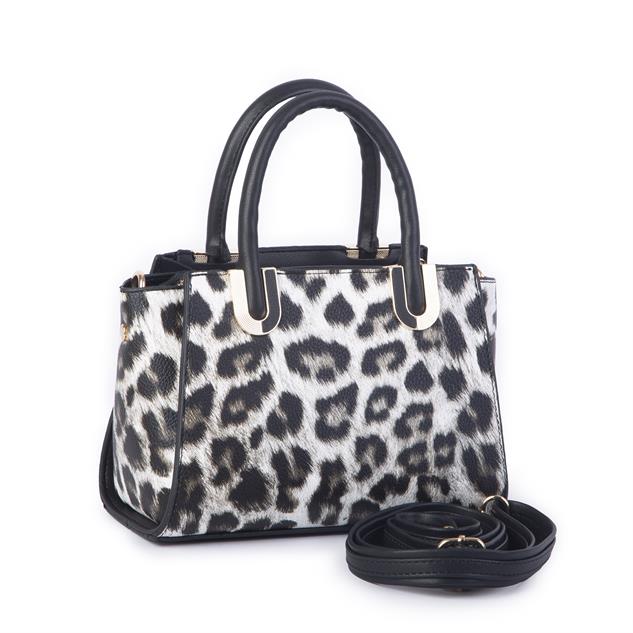 Nas Bag Kadın Midiboy Şık Üç Bölmeli  El ve Çapraz Çanta  Siyah Leopar  (23x17 cm)