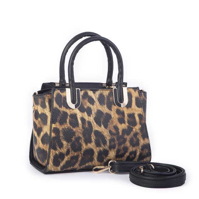 Nas Bag Kadın Midiboy Şık Üç Bölmeli  El ve Çapraz Çanta  Taba Leopar   (23x17 cm)