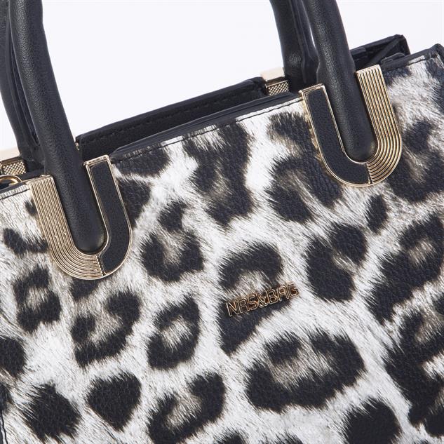 Nas Bag Kadın Midiboy Şık Üç Bölmeli  El ve Çapraz Çanta  Siyah Leopar  (23x17 cm)