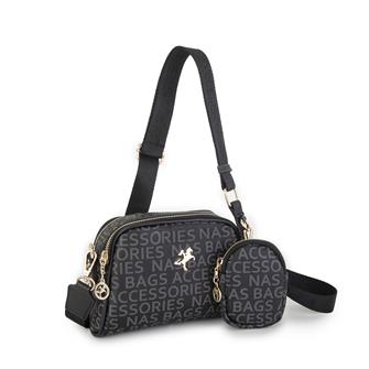 Nas Bag Kadın Mini Çapraz Çantası Siyah Yazılı