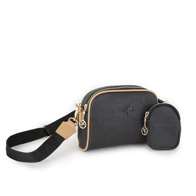 Nas Bag Kadın Mini Çapraz Çantası Siyah Camel  Gofraj 