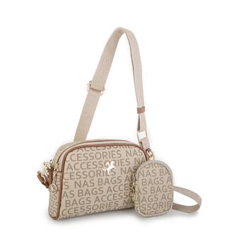 Nas Bag Kadın Mini Çapraz Çantası Vizon Taba Yazılı