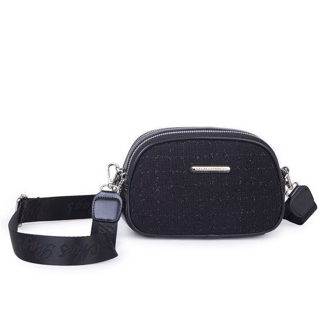 Nas Bag Kadın Mini Çapraz Çift Gözlü Çanta Siyah Simli