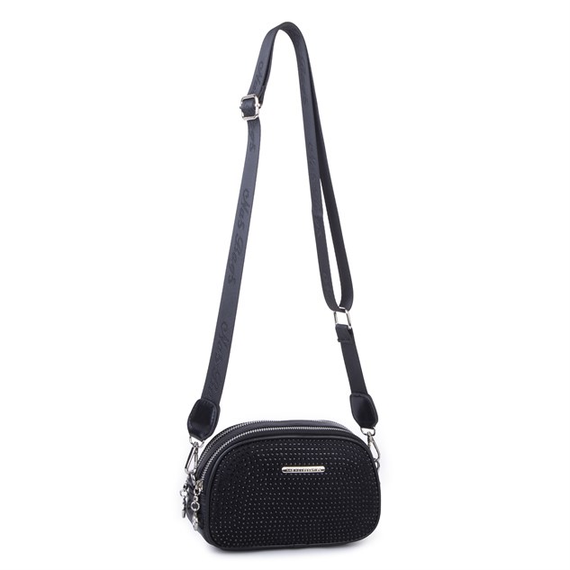 Nas Bag Kadın Mini Çapraz Çift Gözlü Çanta Siyah Taşlı