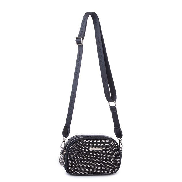 Nas Bag Kadın Mini Çapraz Çift Gözlü Çanta Siyah Gümüş Taşlı