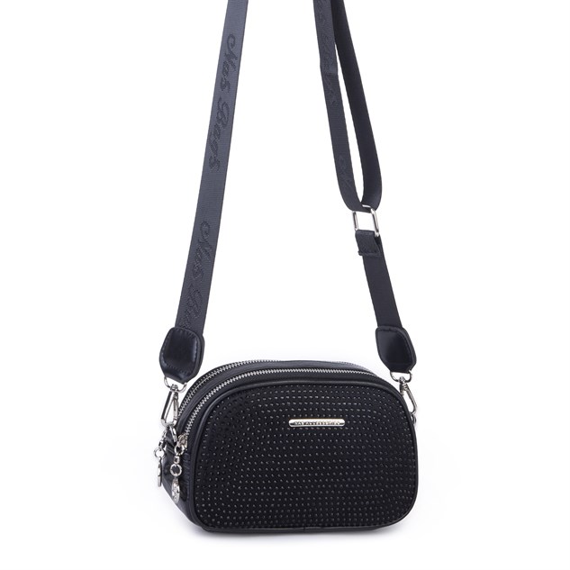 Nas Bag Kadın Mini Çapraz Çift Gözlü Çanta Siyah Taşlı