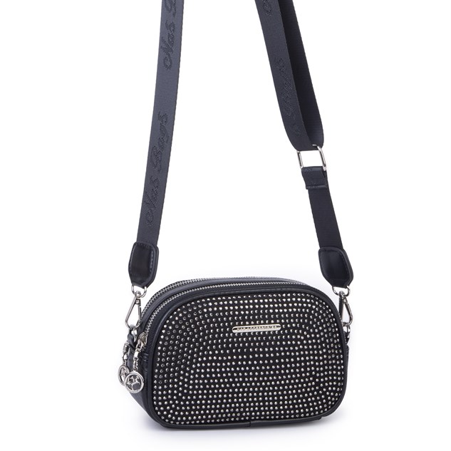 Nas Bag Kadın Mini Çapraz Çift Gözlü Çanta Siyah Gümüş Taşlı