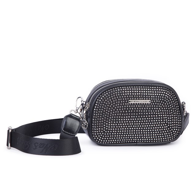 Nas Bag Kadın Mini Çapraz Çift Gözlü Çanta Siyah Gümüş Taşlı