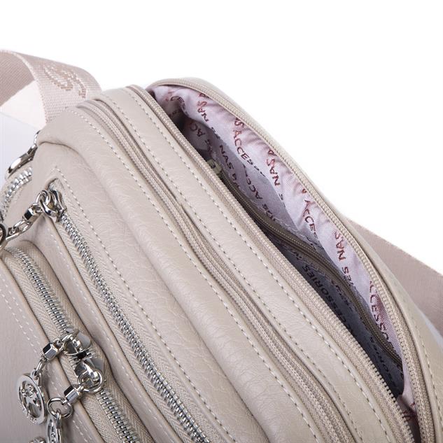 Nas Bag Kadın Mini Çok Gözlü Spor Şık Çanta ( en :25 cm , boy: 16 cm ) Kum Victoria