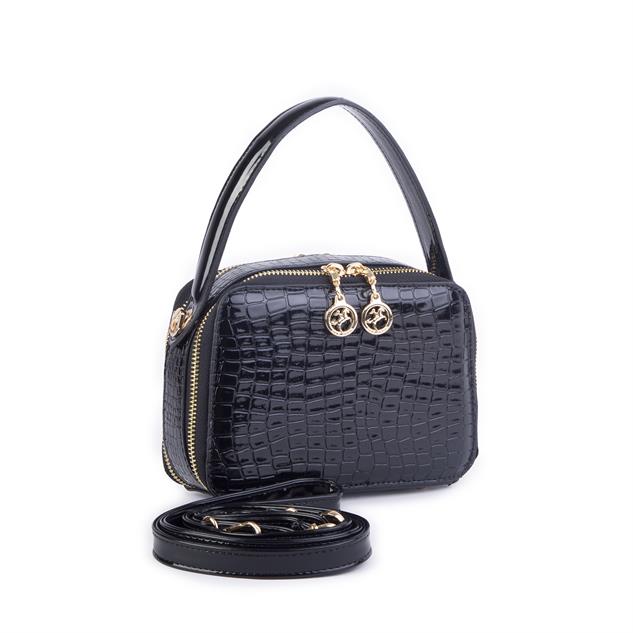 Nas Bag Kadın Mini El ve Çapraz Çanta Siyah Kroko  (en:20 boy :15)