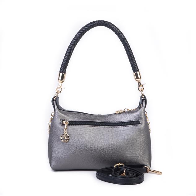 Nas Bag Kadın Mini Omuz ve Çapraz Çanta Örgülü Askılı (en: 23 cm , boy: 14 cm) Gri Siyah Victoria